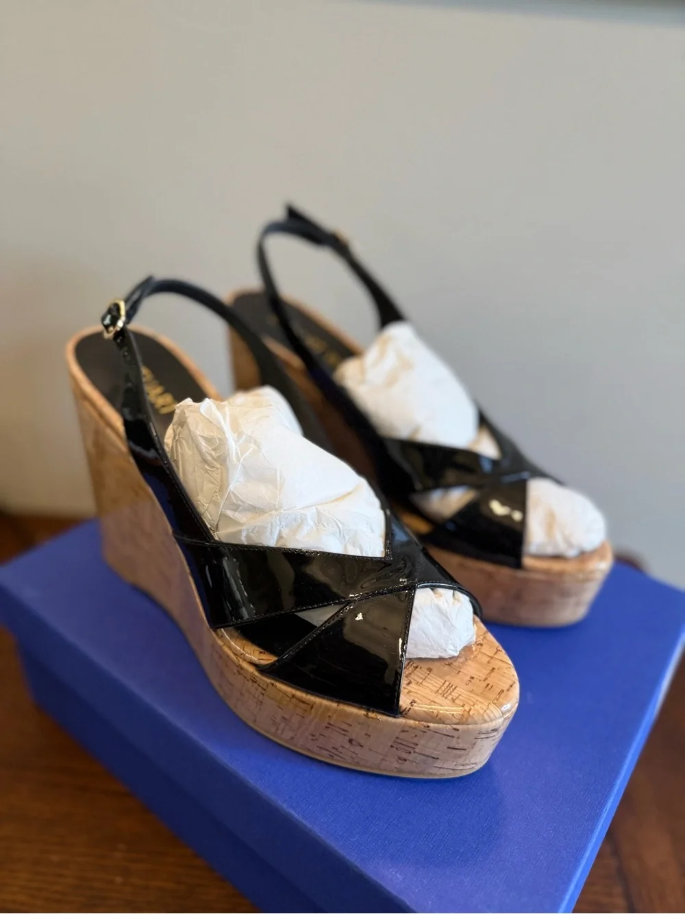 Stuart Weitzman Carmen Black Patent Cork Wedge Sandals -‎ Women's Slingback NEW